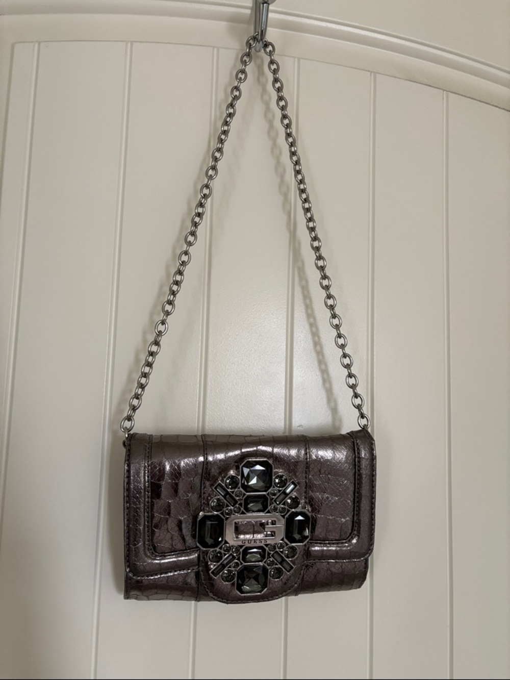 GUESS Metallic Croc Embossed Clutch Crossbody w/ Chain Strap & Jeweled Logo